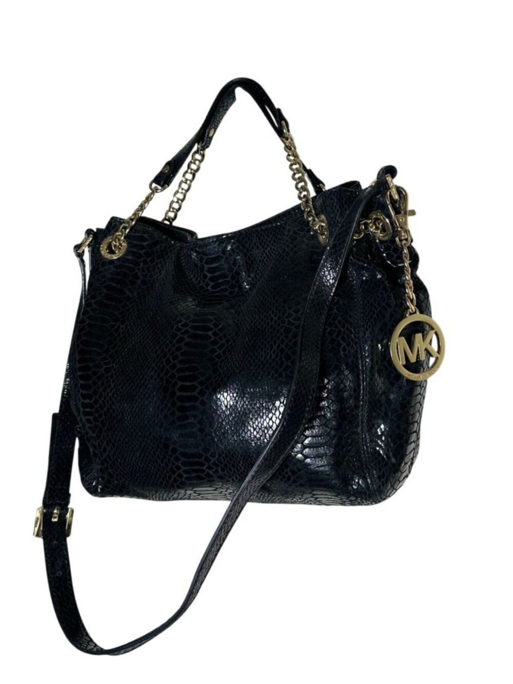 Michael Kors Black Glossy Python Embossed Leather Shoulder Bag Gold Chain Hobo P - Picture 5 of 14